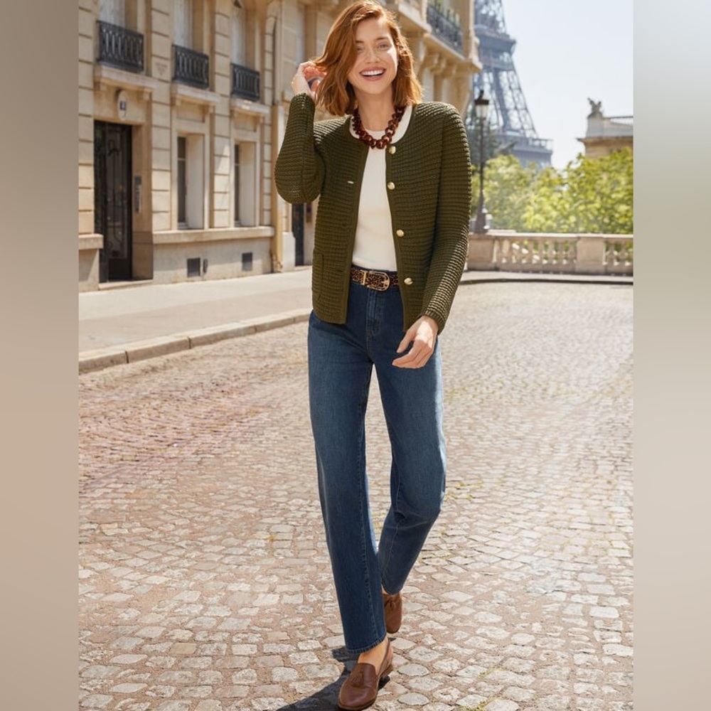 Talbots Textured Olive Green Crewneck Cardigan